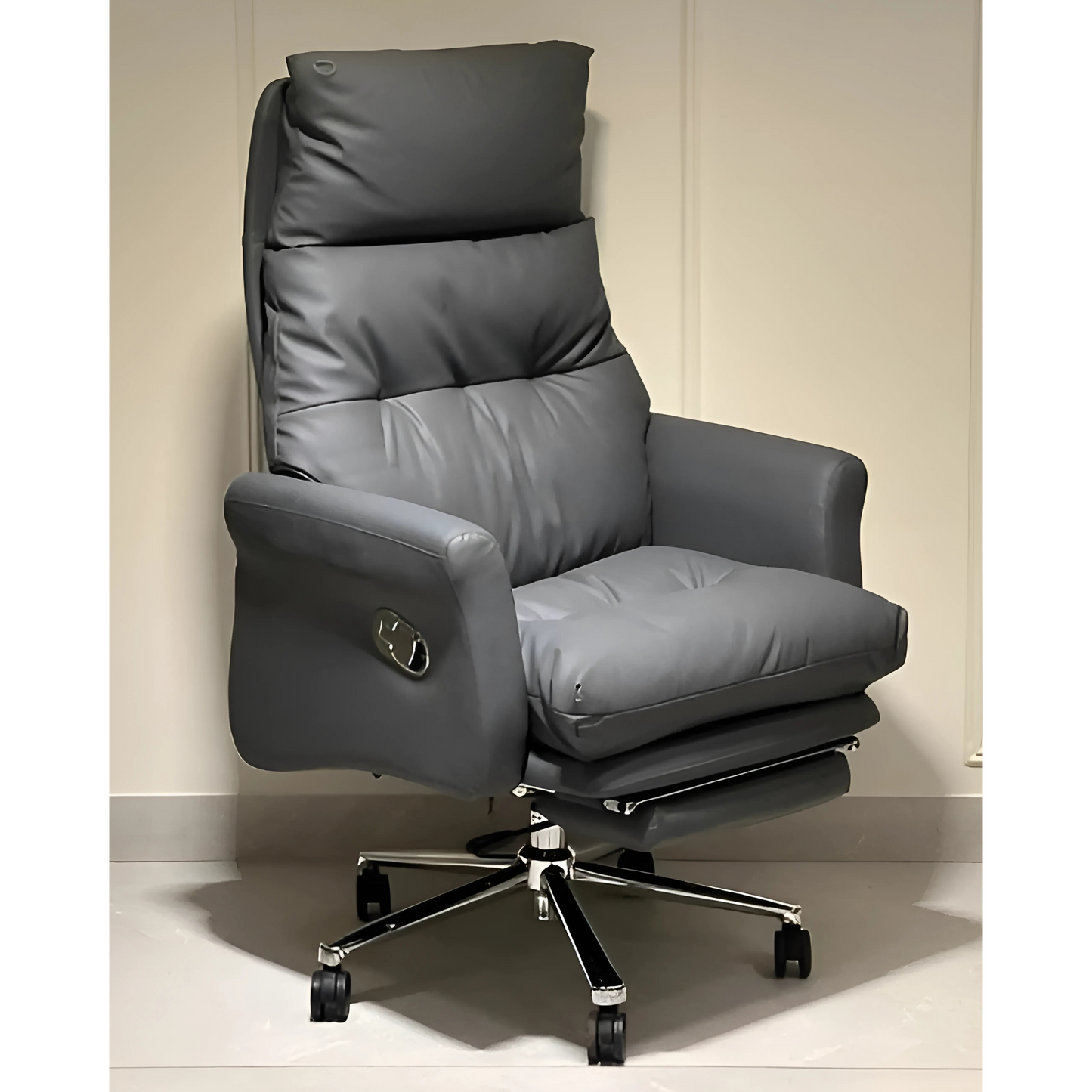 A gray leather office chair with a high back, armrests, and a five-point wheeled base.