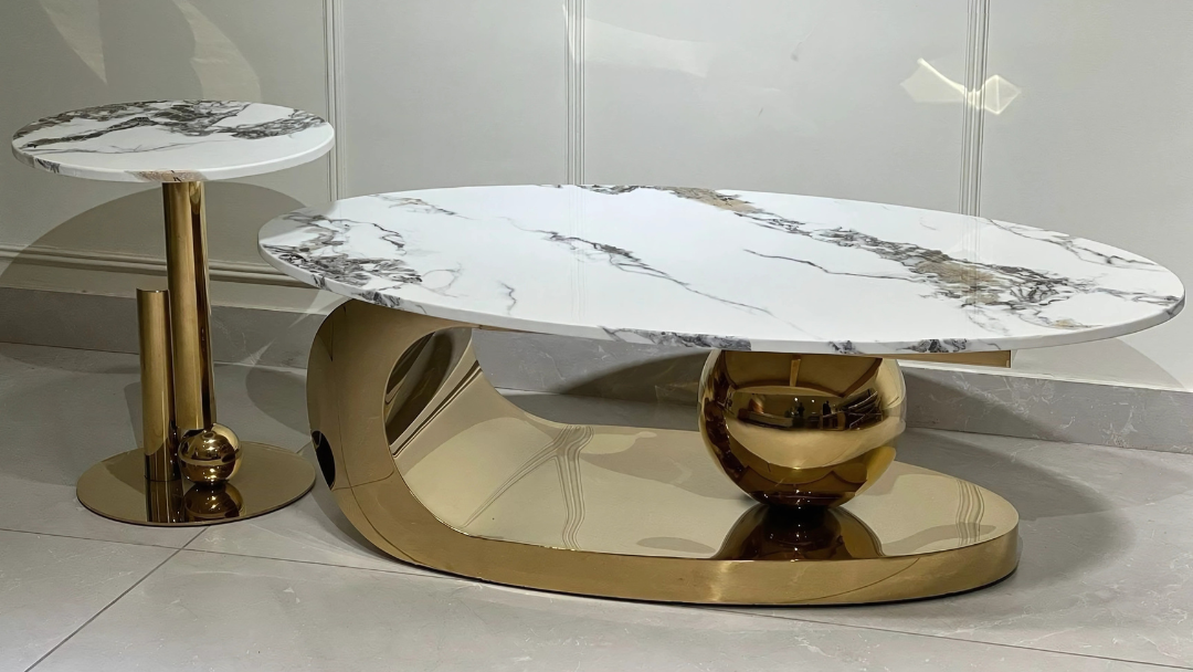 Sculptural oval marble center coffee table set with high-gloss gold base and modern side table