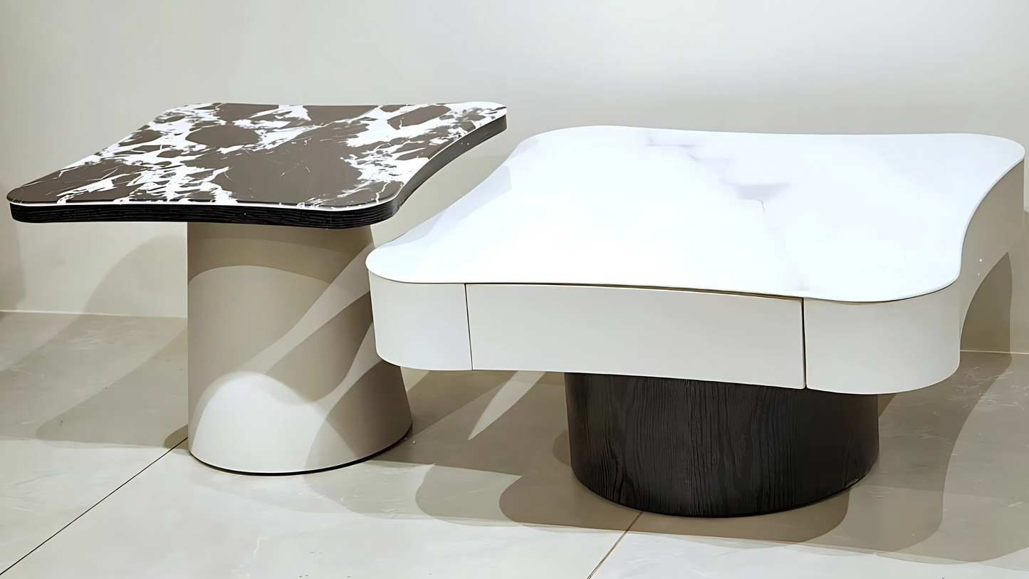 Luxury dual marble center coffee table set with sculptural bases and contrasting curved tops