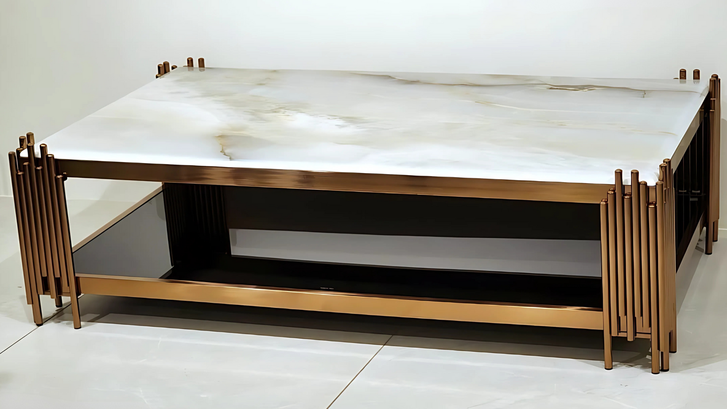 Rectangular rose gold marble center coffee table with sculptural corner rods and storage shelf – TAS Living