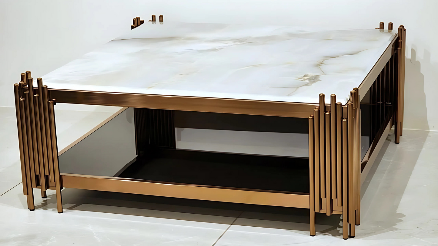 Luxury square gold center table with white marble top and black glass shelf