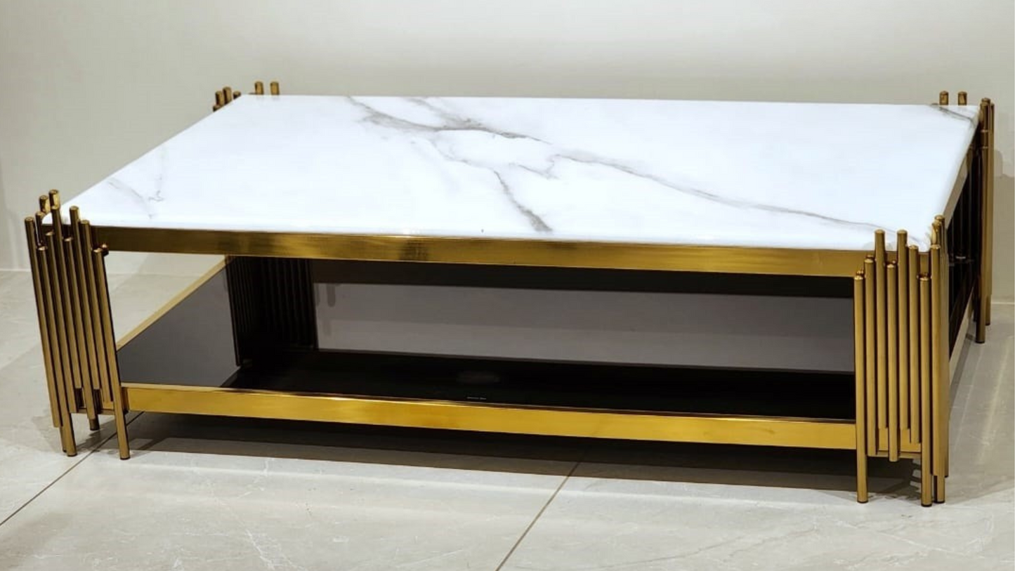 Rectangular white marble coffee table with gold linear frame and black shelf – TAS Living