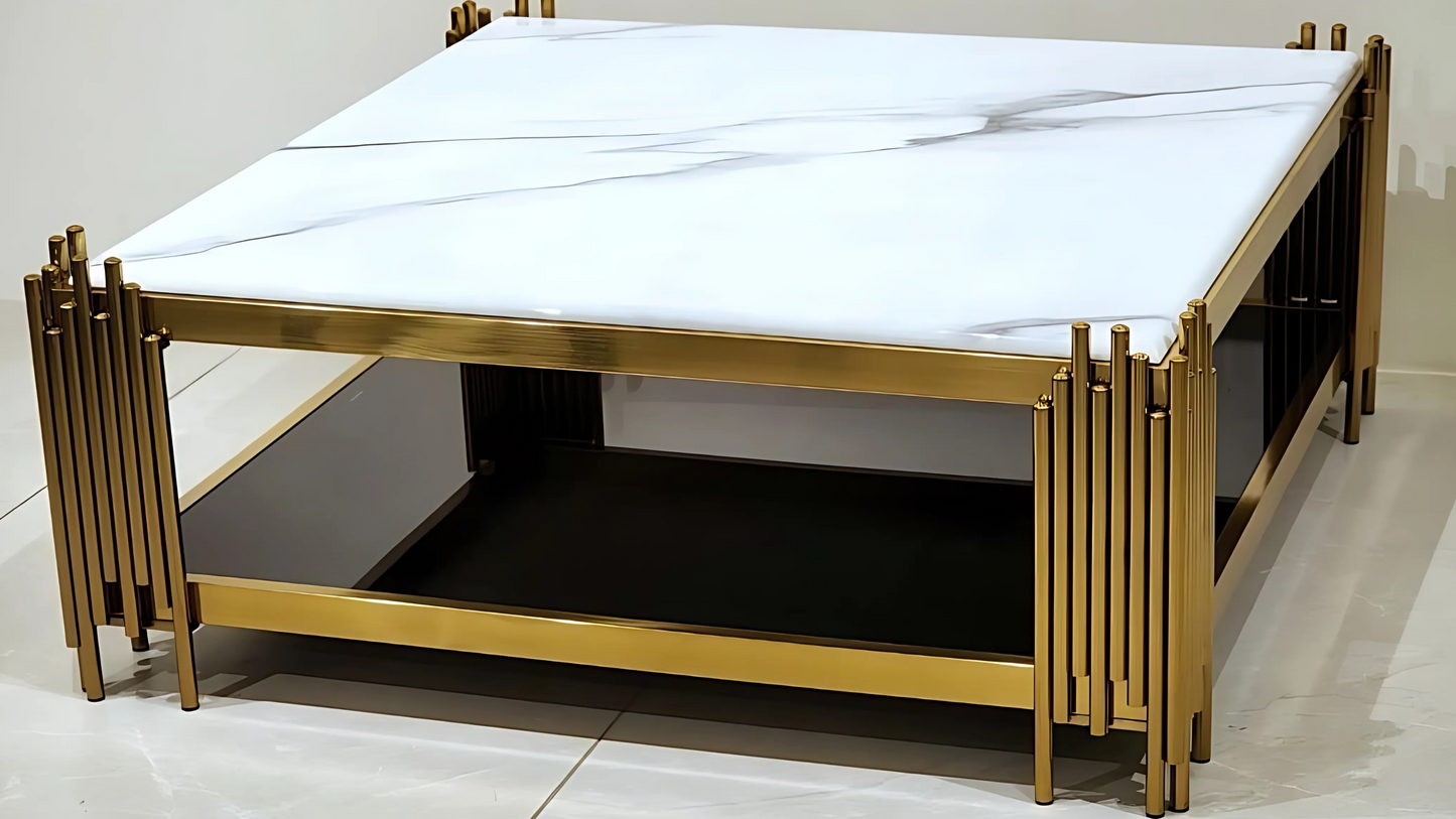 Square white marble coffee table with gold rod frame and black shelf – TAS Living
