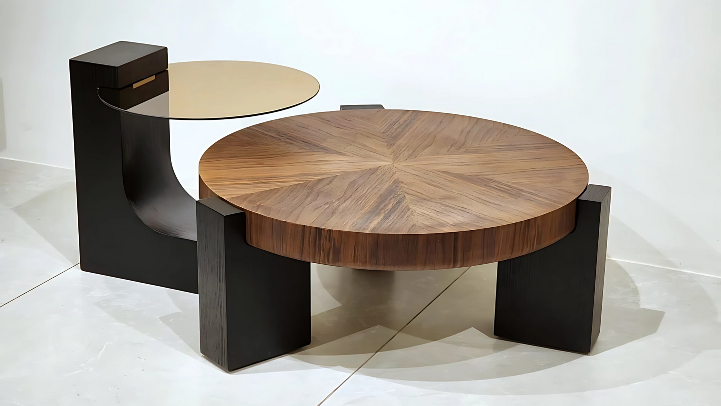 Round walnut veneer center table with asymmetrical black base and glass side extension