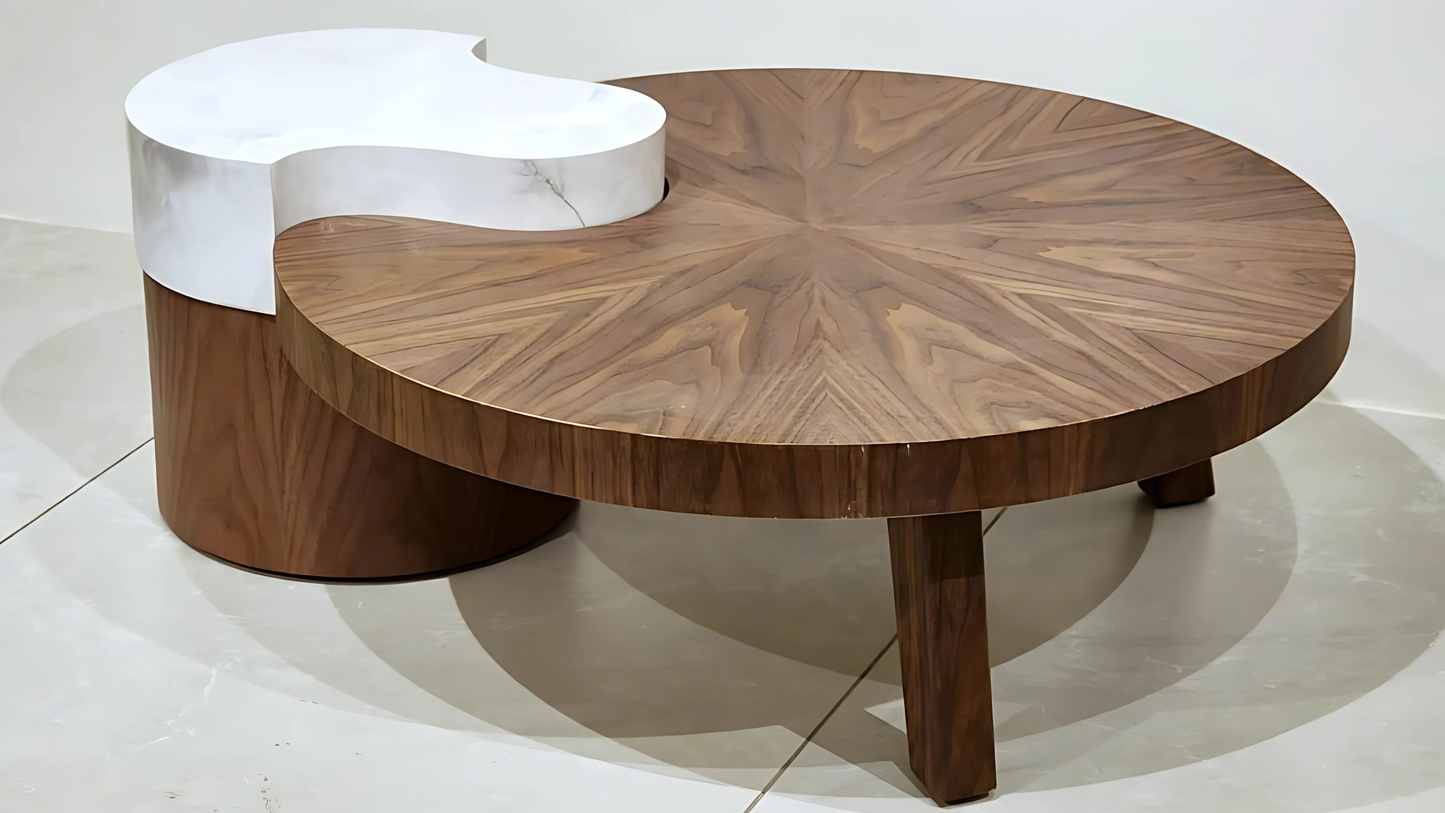 Luxury round walnut and marble center table with radial veneer and sculptural crescent detail