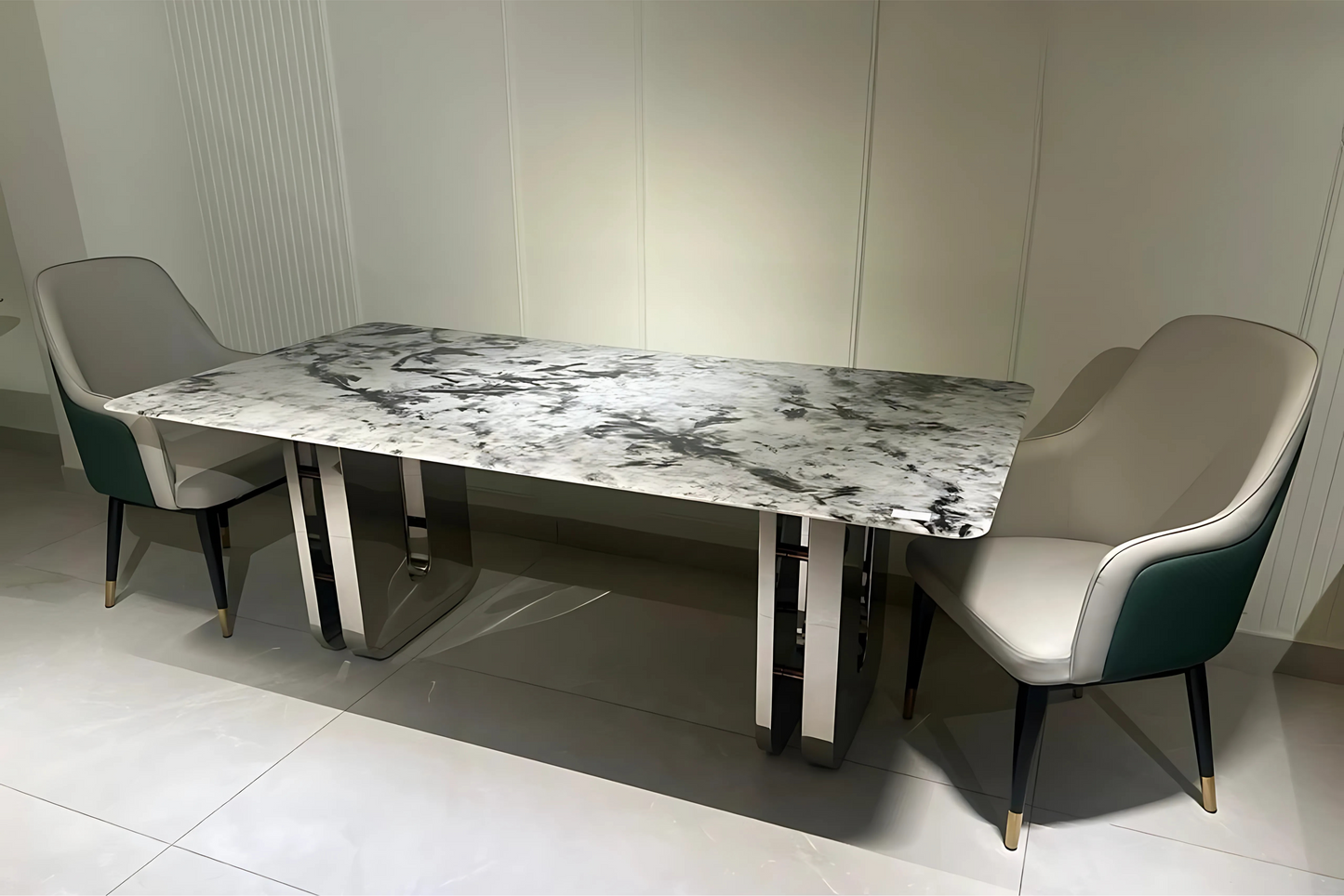 Luxury dining table with black marble finish and chrome twin pedestal legs