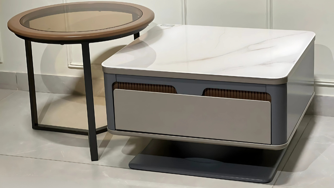 Two-piece marble and glass top center table set with matte grey frames