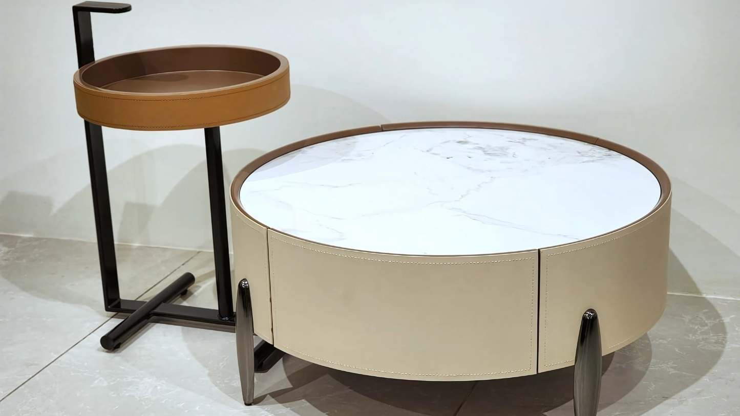 Luxurious round leather and marble center table set with utility side tray – TAS Living