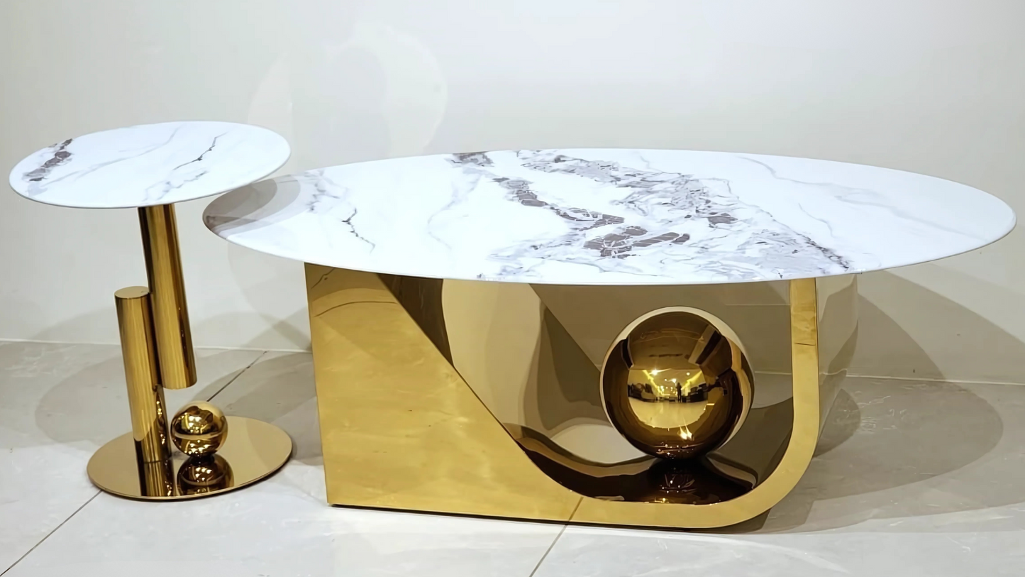 Luxury marble center coffee table with angular gold base and grey veining by TAS Living