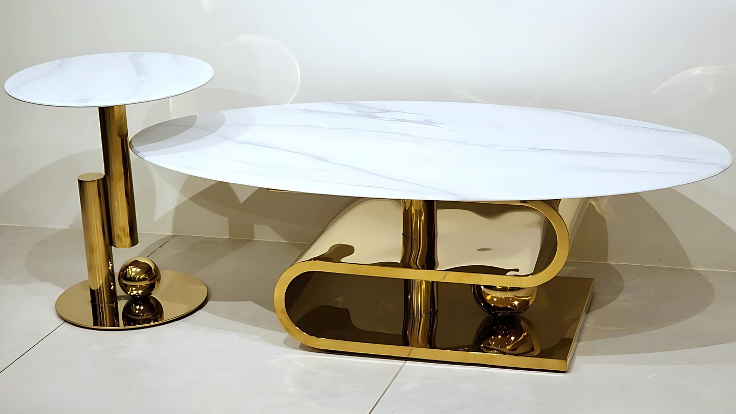 Elegant white marble center table with looped gold base and minimalist luxury design by TAS Living