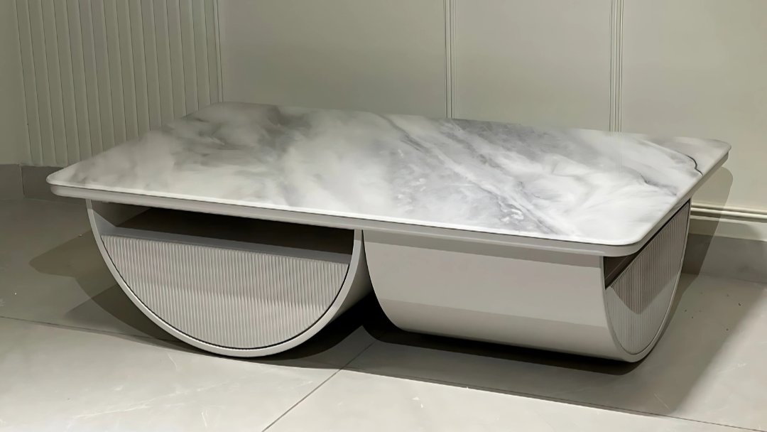 Contemporary crescent marble center coffee table with fluted base in glacier grey finish