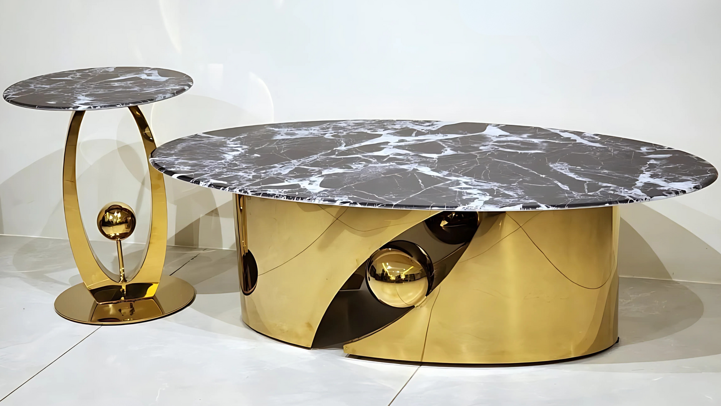 Luxury black marble center coffee table with golden orb base and sculptural form by TAS Living