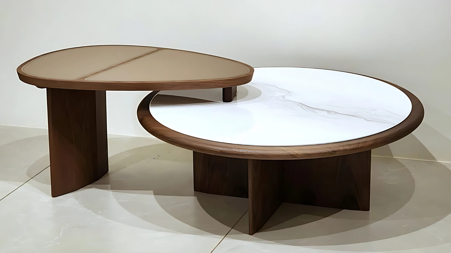 Sculptural dual center coffee table with white marble and taupe wood top on walnut base