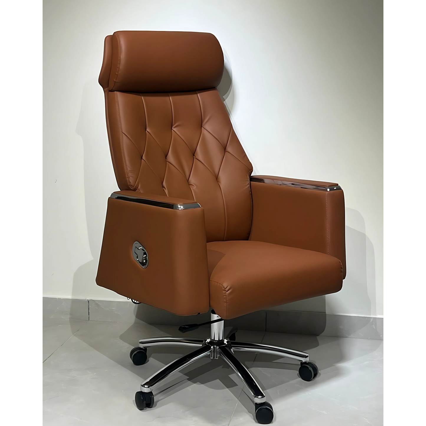 A brown leather office chair with a high back, headrest, and armrests on a chrome five-point base with caster wheels.