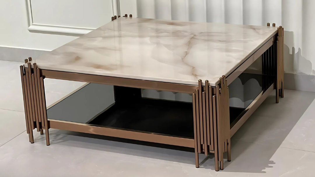 Square cream marble and rose gold designer center coffee table with sculptural corner detailing – TAS Living