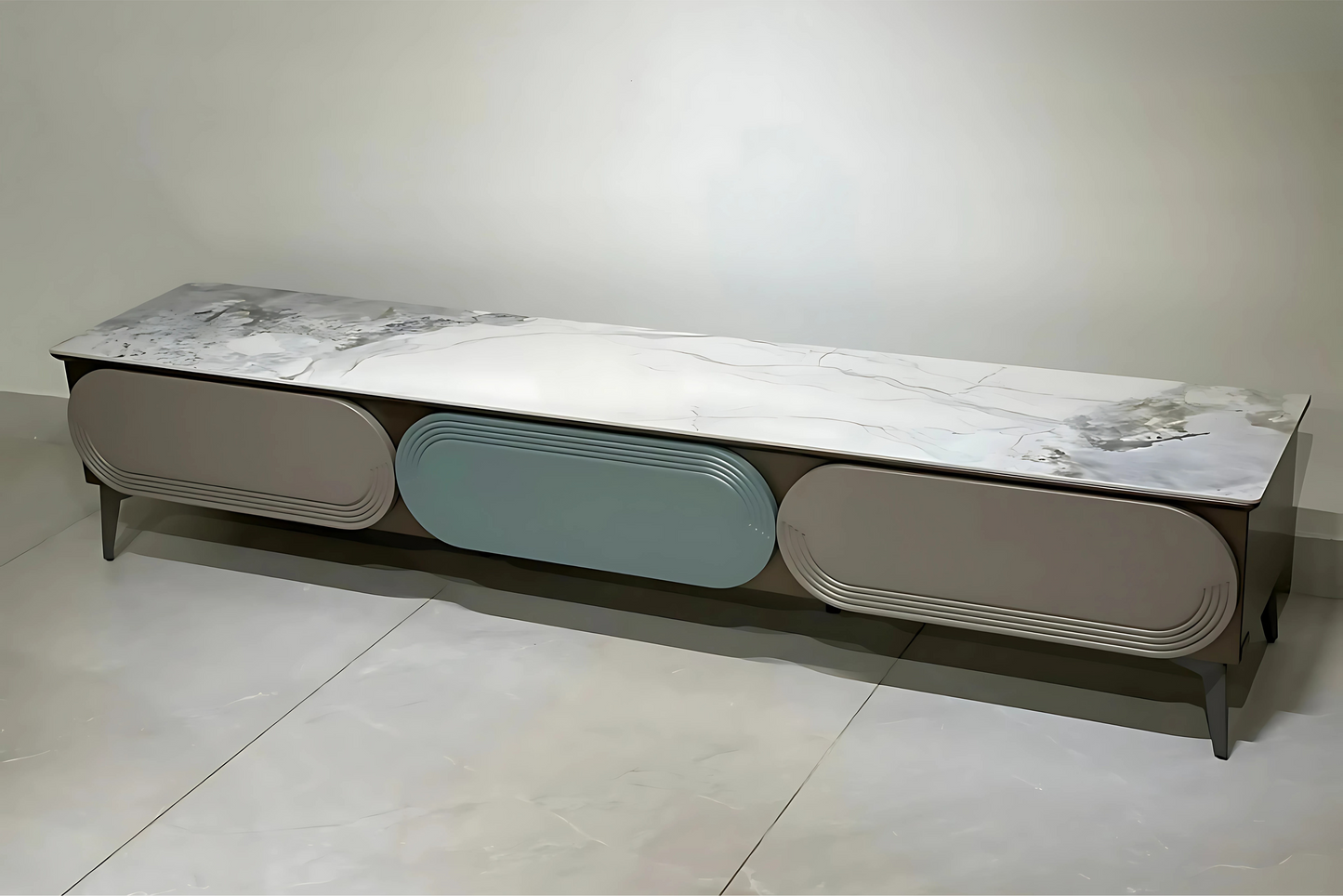 Aurora Wave LED TV Runner with marble top, pastel aqua center panel, and sculptural beige doors – luxury modern console