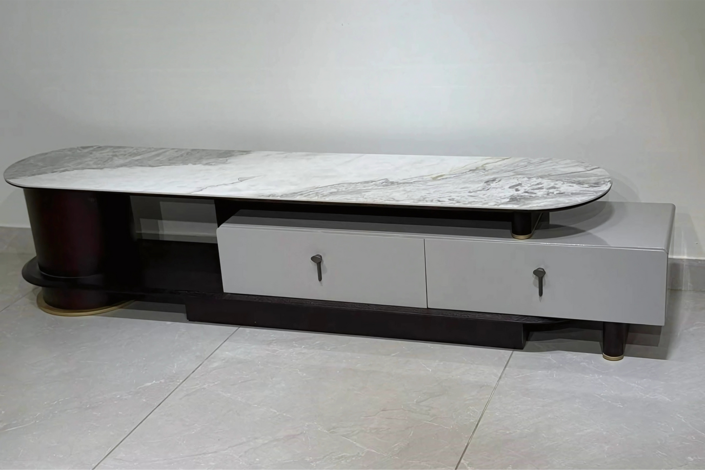 Aurora Curve LED Runner with marble top, rounded wood edges, and grey drawers – luxury retro-modern TV console