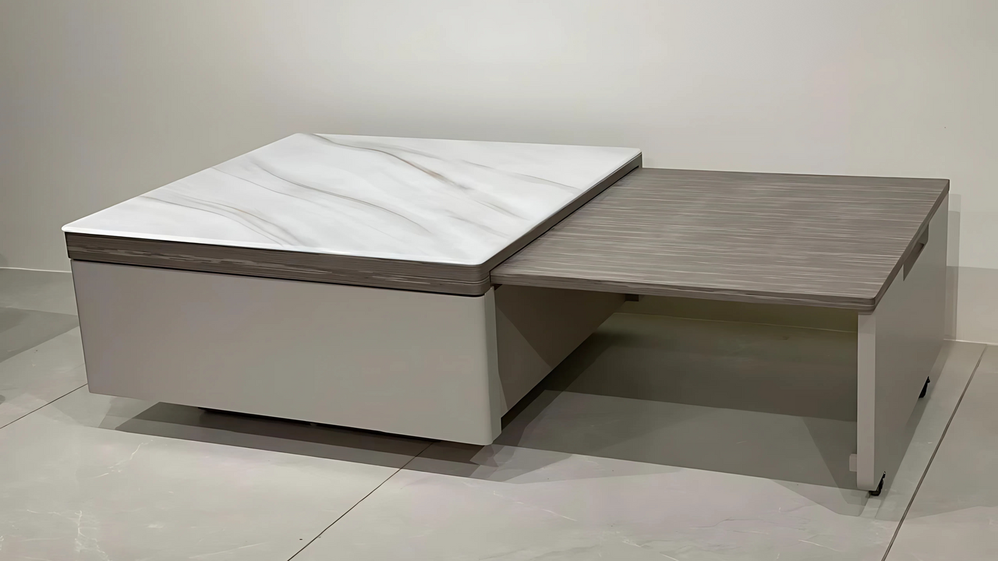 Square marble and wood pull-out luxury center coffee table with modern minimalist design