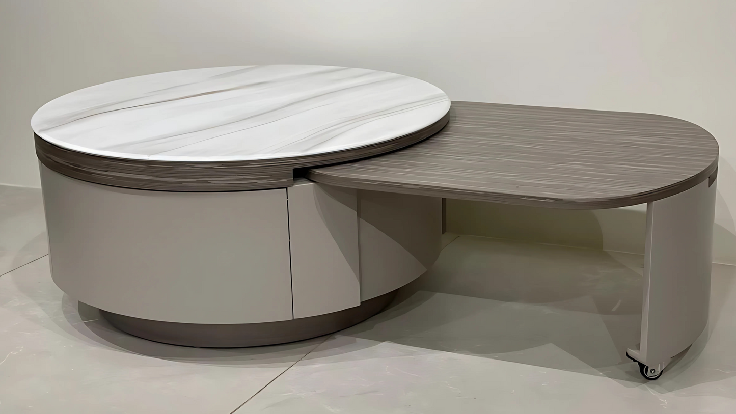Luxury round marble center table with sliding wooden extension in taupe finish