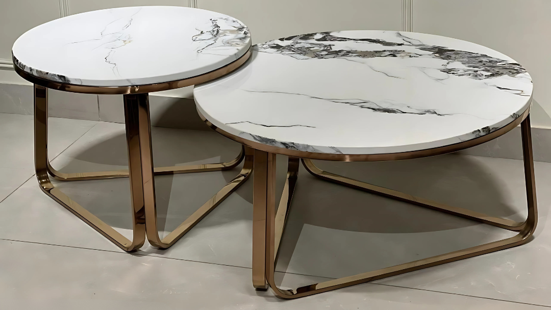 Round marble top rosegold nesting center table set