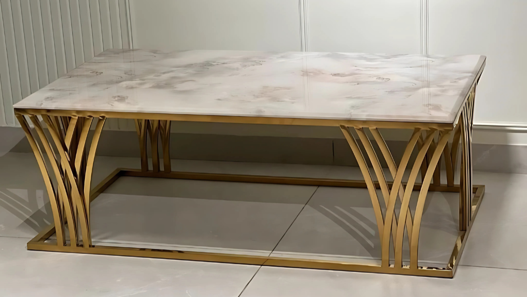 Luxury rectangular marble center coffee table with gold frame and black lower shelf