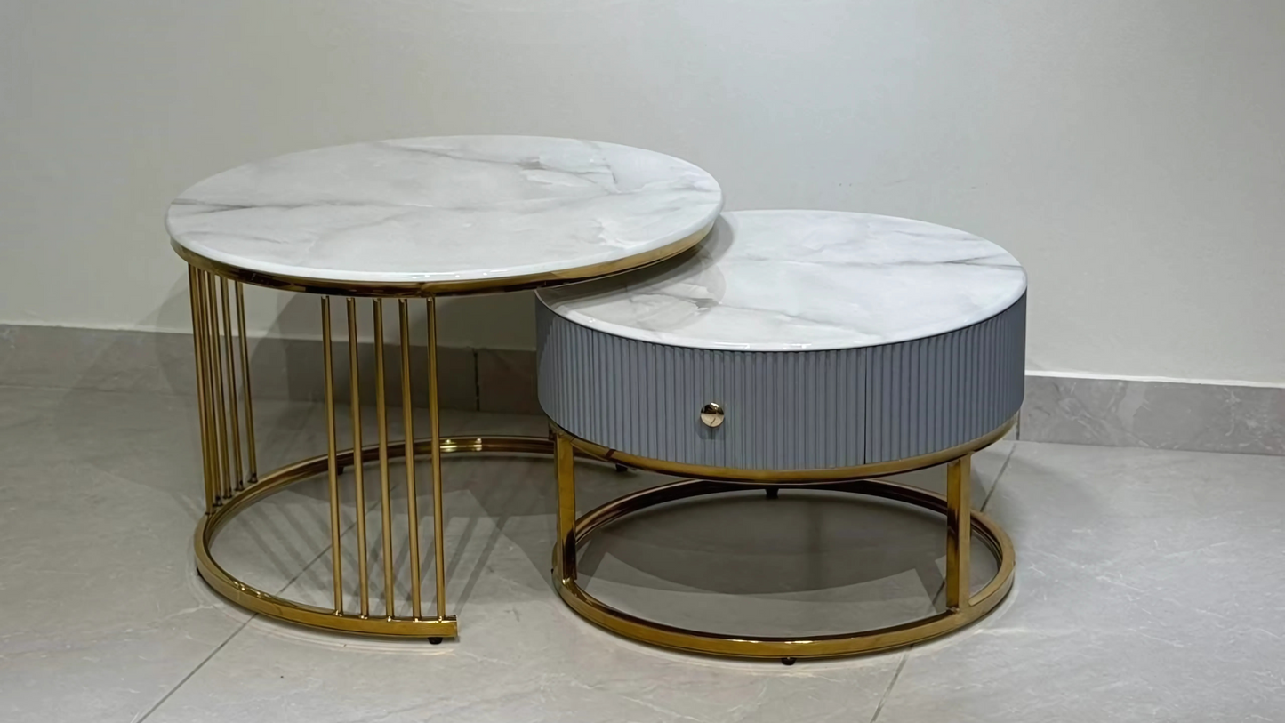 Luxury round marble top center coffee table set with fluted grey finish and gold base — TAS Living