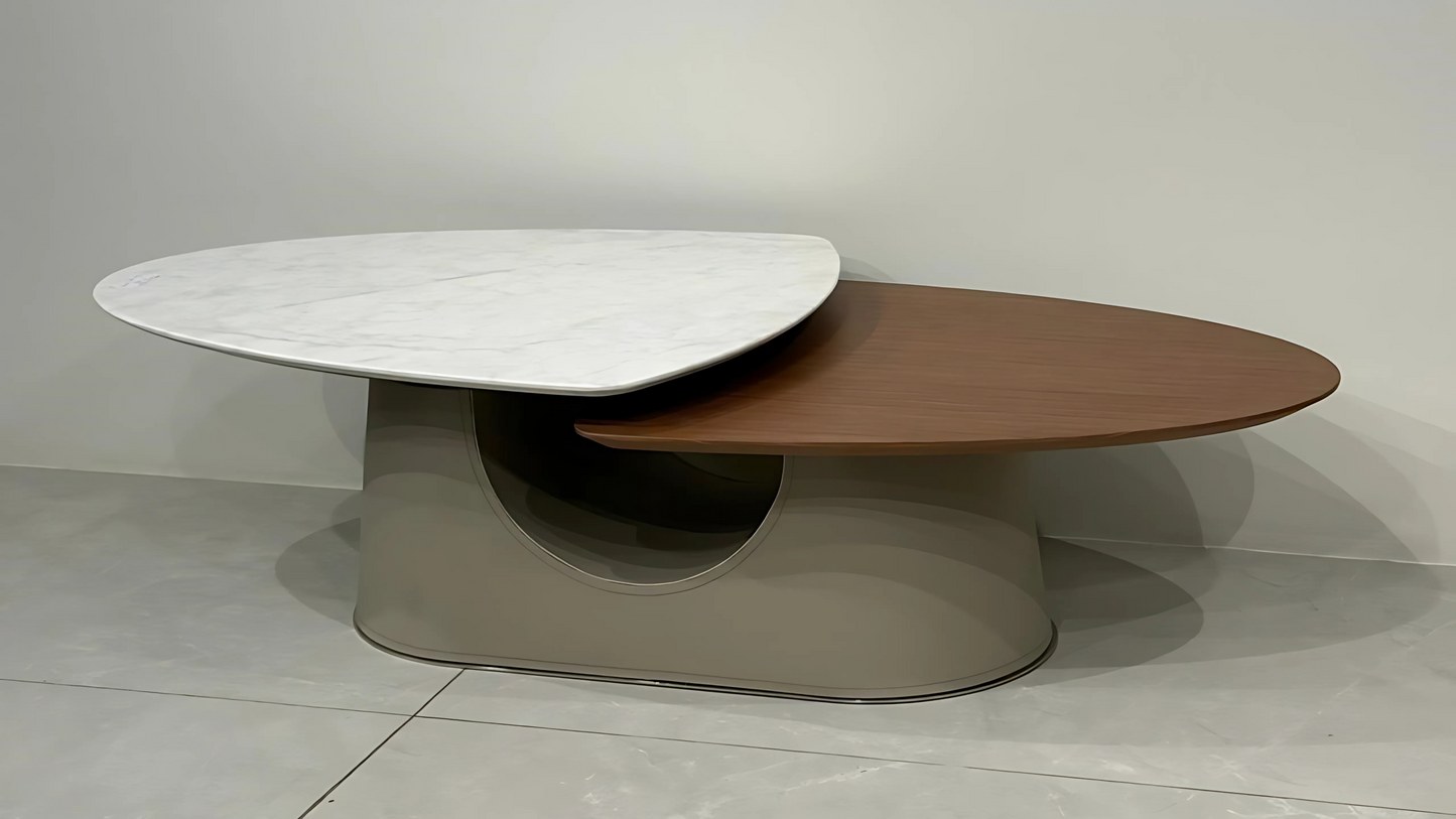 Luxury marble and walnut elliptical center coffee table with taupe sculptural base