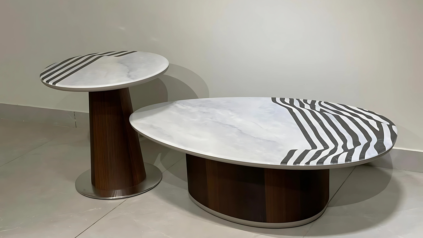 Luxury oval marble center coffee table with graphic black inlay and walnut base – TAS Living
