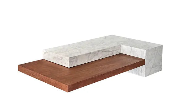 Luxury L-shaped center coffee table with floating walnut top and white marble base