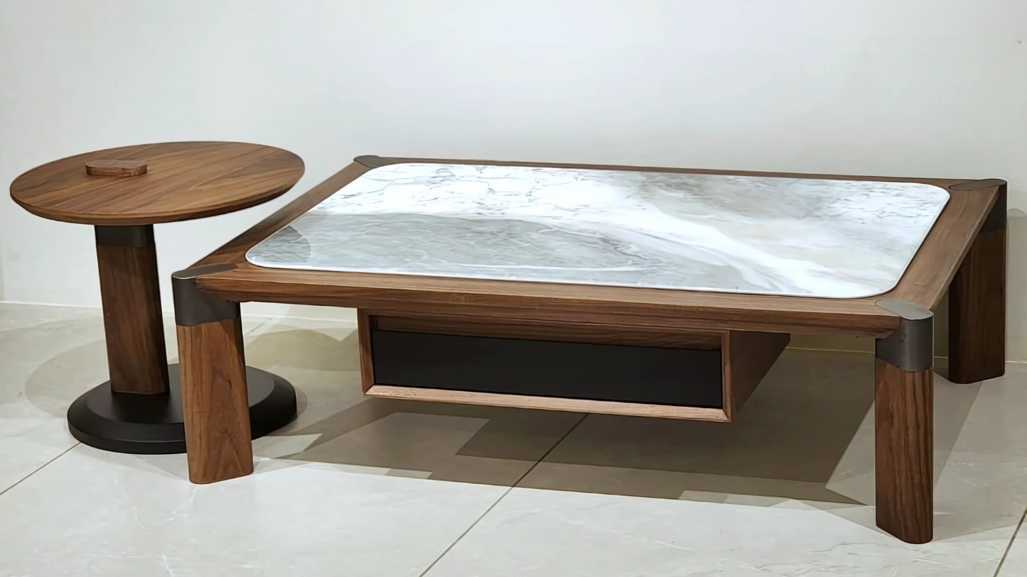 Luxury wood and marble center table with storage and companion round side table
