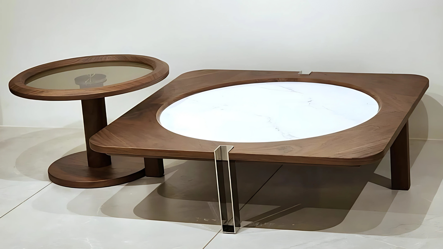 Walnut and white marble center coffee table with round glass accent piece and chrome detail