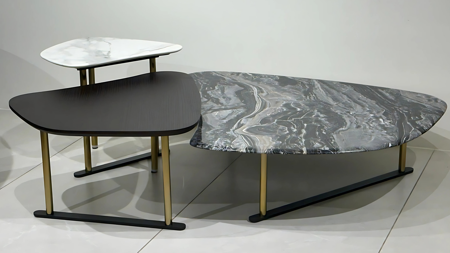 Three-piece center table with grey marble, ivory top, and charcoal wood finish