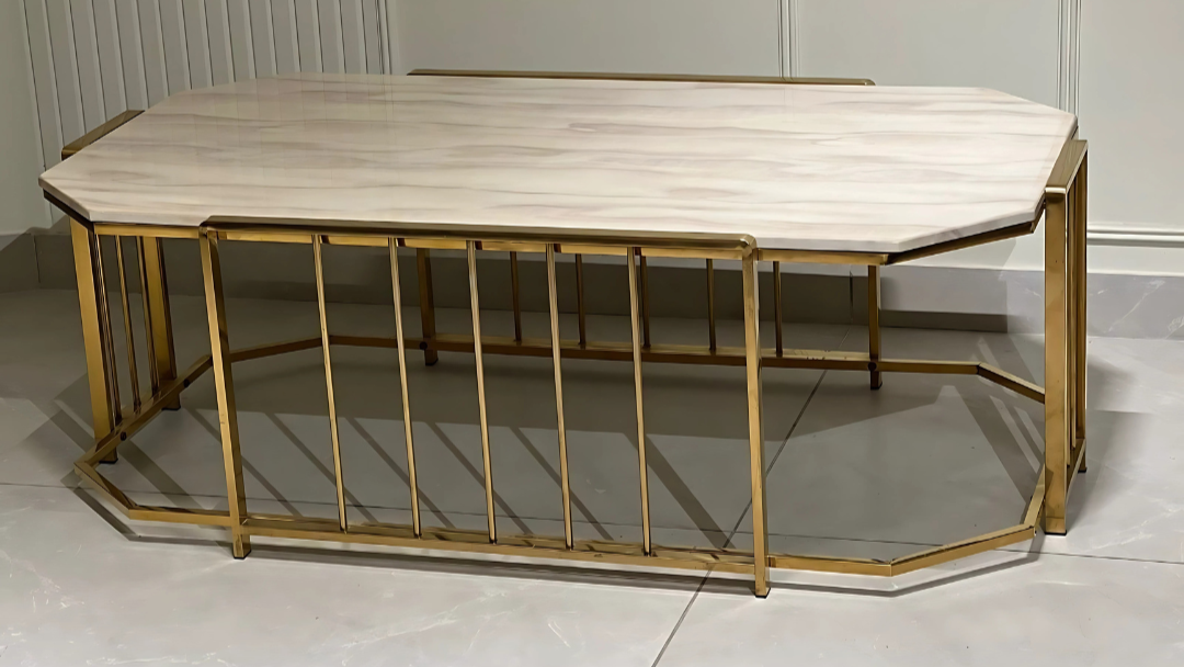 Luxury rectangular marble center coffee table in rose gold finish with black shelf