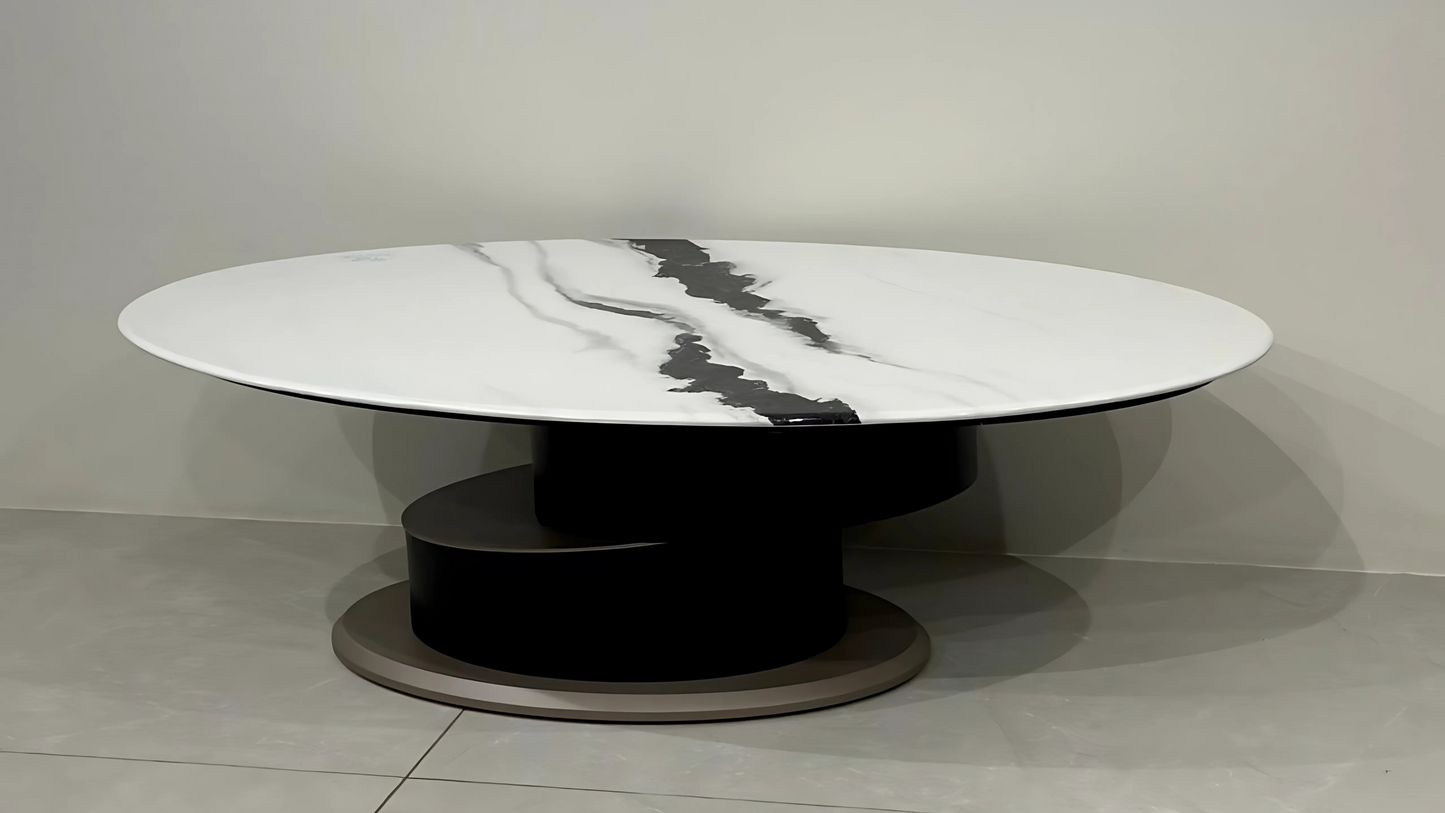 Luxury round marble coffee table with layered base and bold black veining – TAS Living