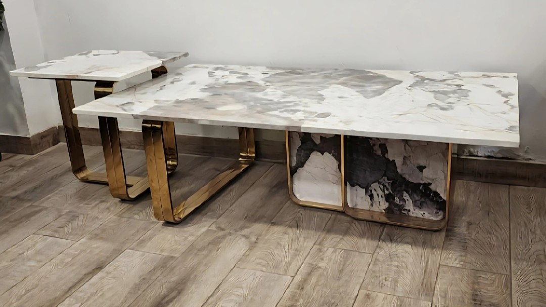 Rectangular marble center coffee table set with gold frame and natural veined marble top