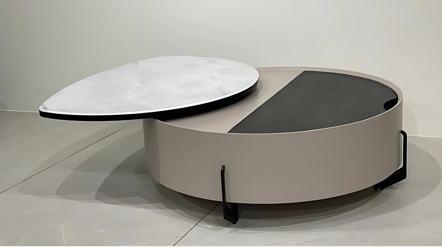 Round center table with rotating marble and wood tops, hidden storage, and luxury modern base