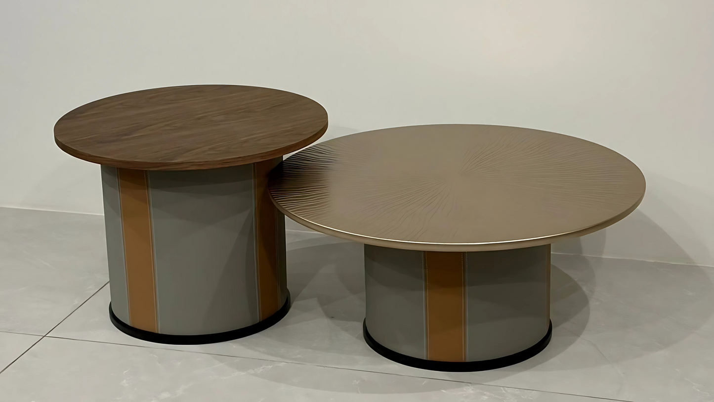 Dual round center table set with walnut and bronze tops on stitched cylindrical bases
