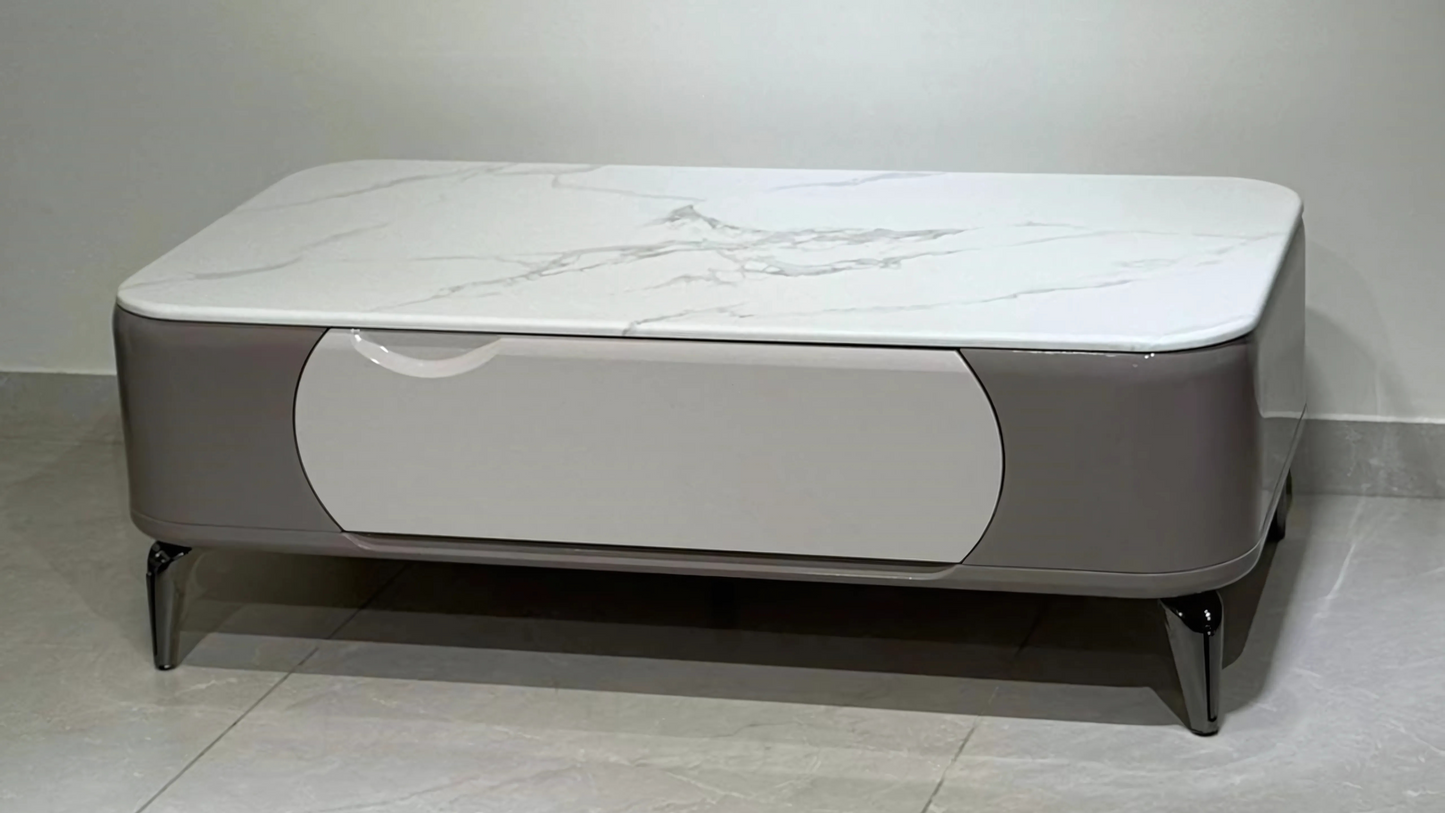 Elegant grey and white marble rectangular center table with rounded design and subtle drawer