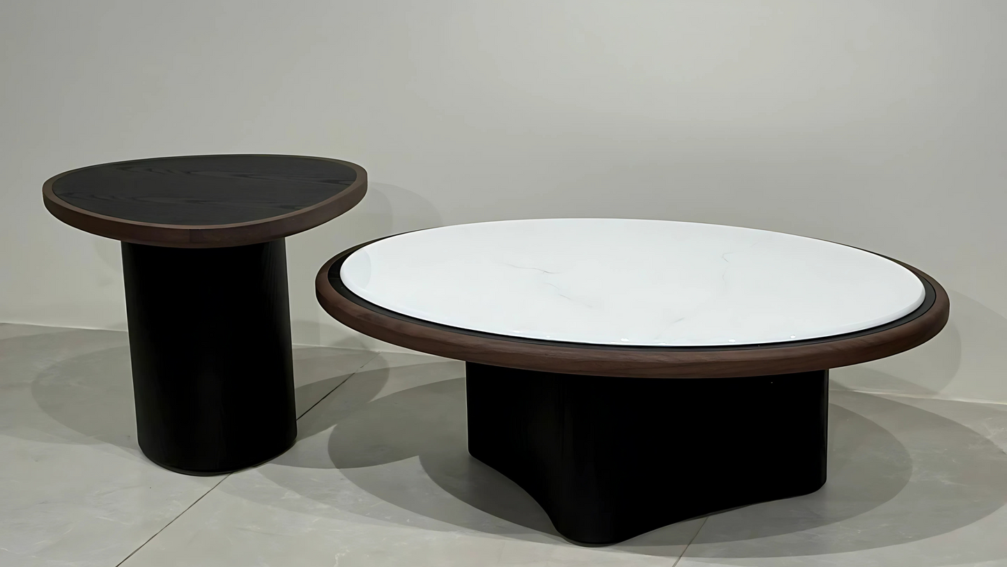 White marble and walnut round designer center coffee table set with curved base – TAS Living