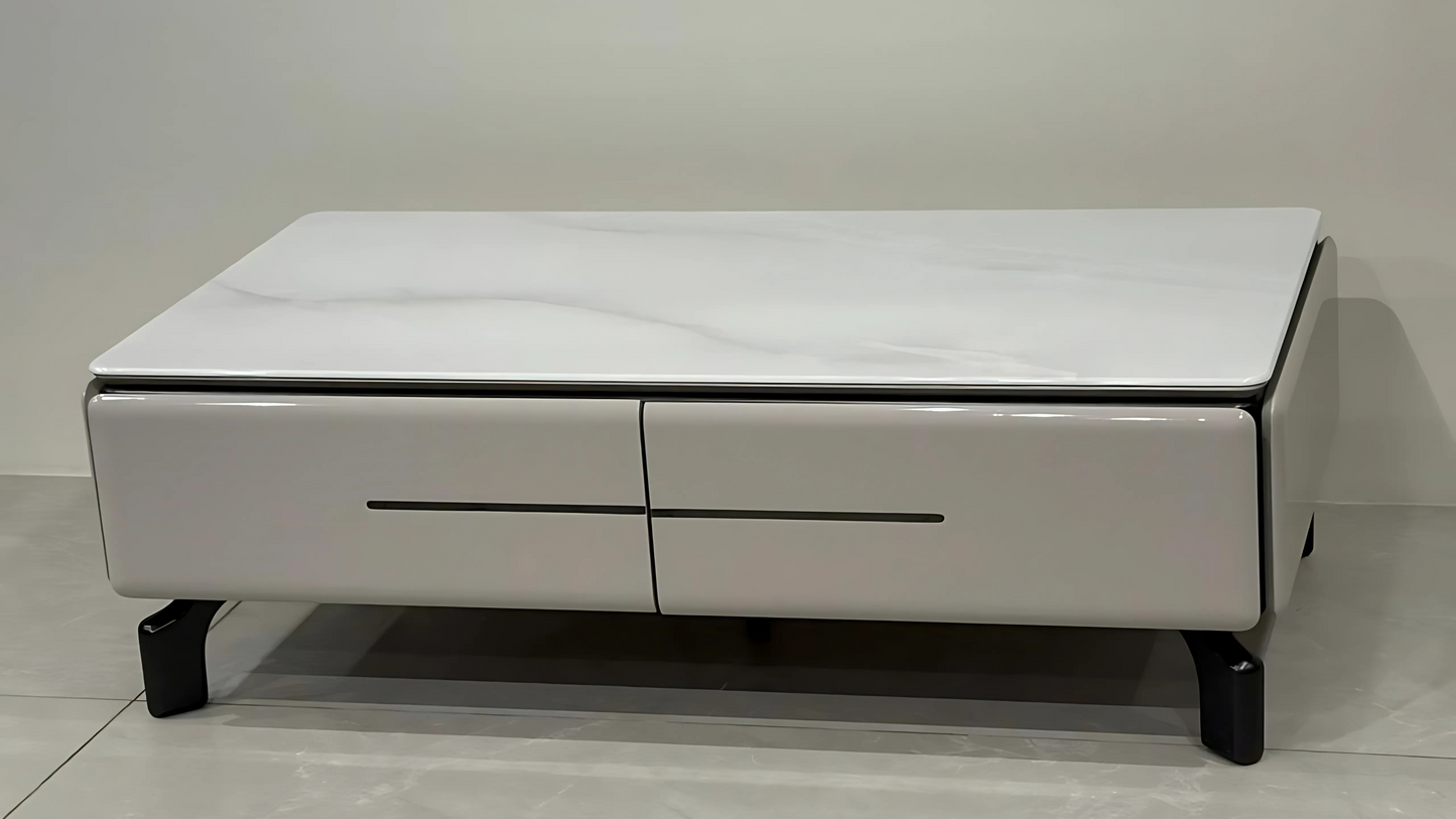 Luxury rectangular center table with white marble top, taupe body, and storage drawers on black legs.