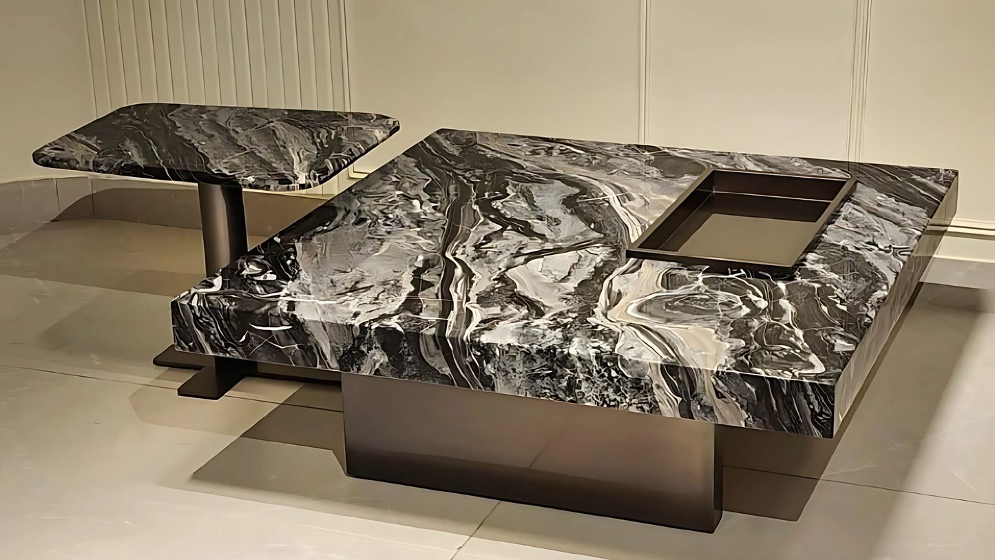 Luxury black marble center coffee table with bold veining for modern interiors.