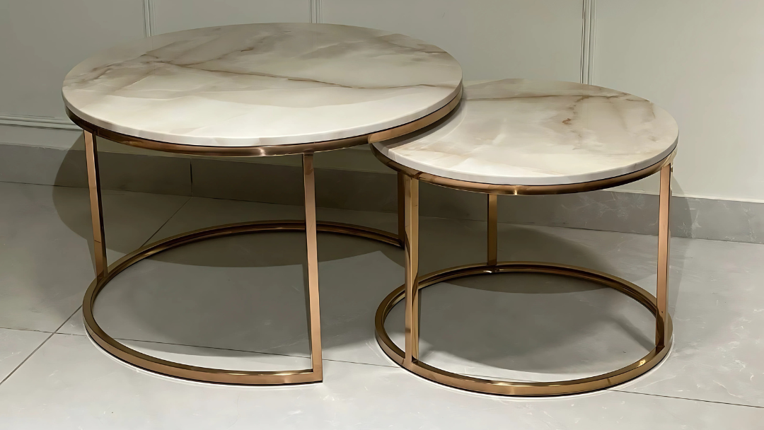 Luxury round nesting center coffee tables with rose gold metal base and marble tops