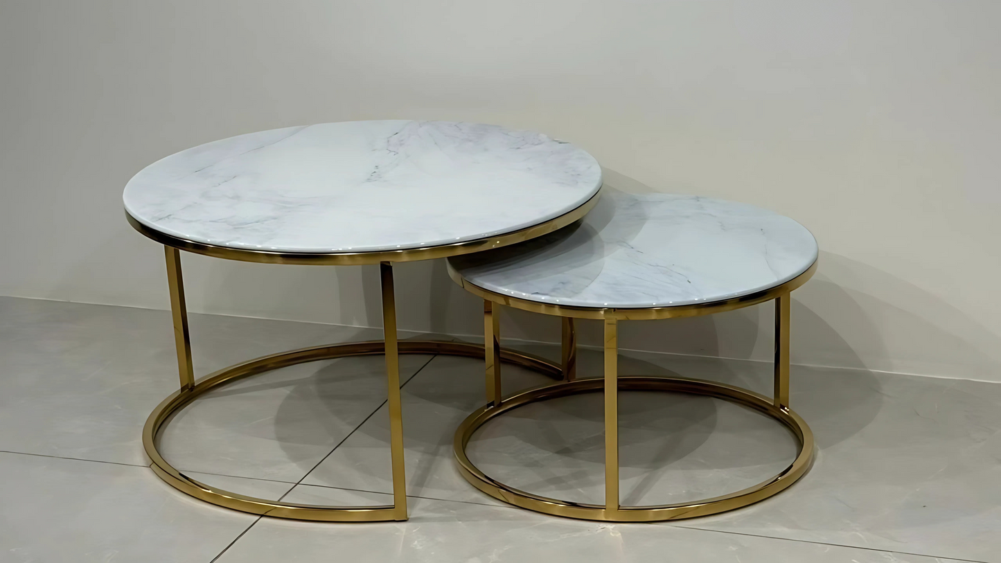 White marble nested center coffee table set with gold metal ring base – TAS Living