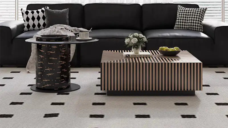 Monochrome striped center coffee table set with glossy black top and matching stools
