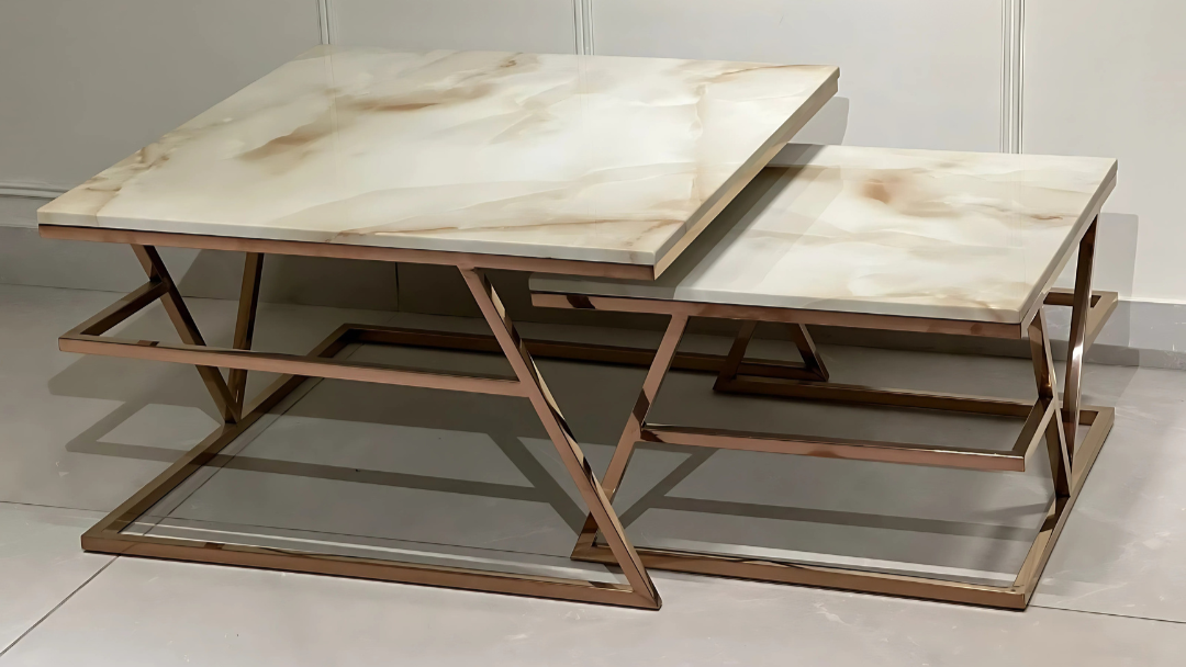 Elegant dual-piece ivory marble center coffee tables with rose gold angular Z-shaped base