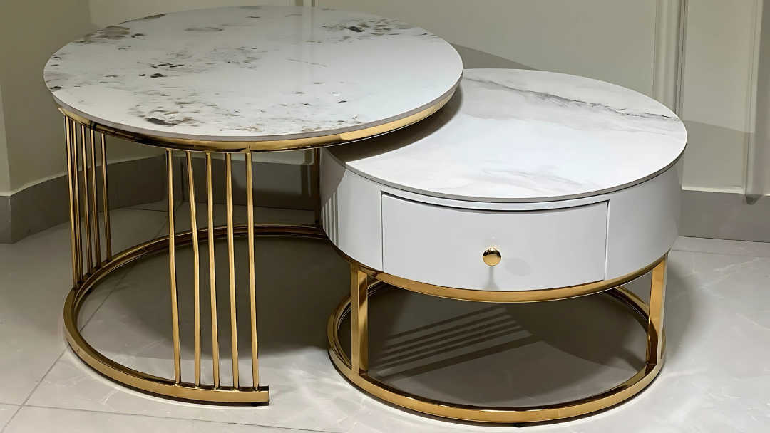 Luxury white marble and gold frame coffee table set for opulent interiors.