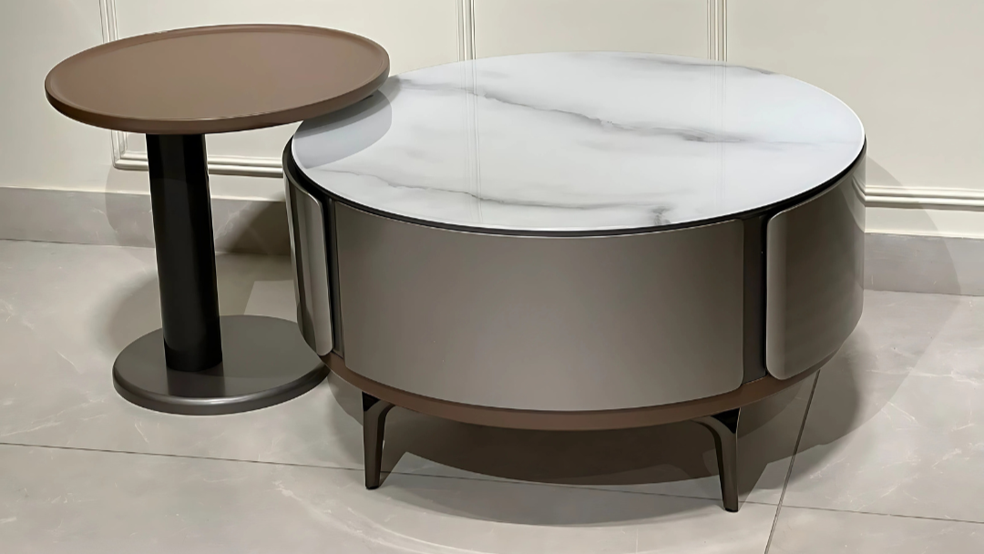 Round white marble and bronze center coffee table set with soft modern silhouette – TAS Living