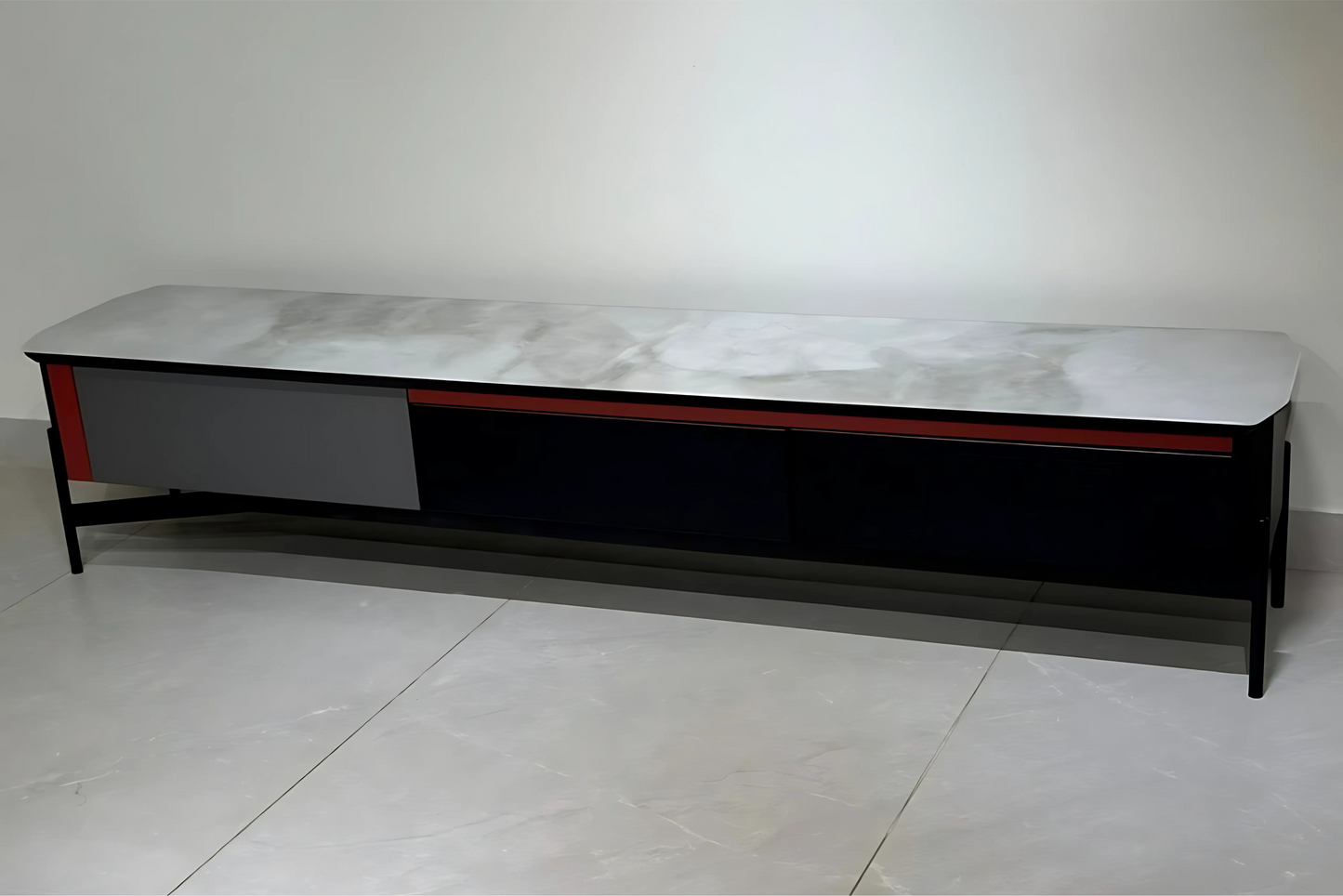 Ferrara Edge LED Runner with marble top, black-grey base, and red accent – bold modern luxury TV console