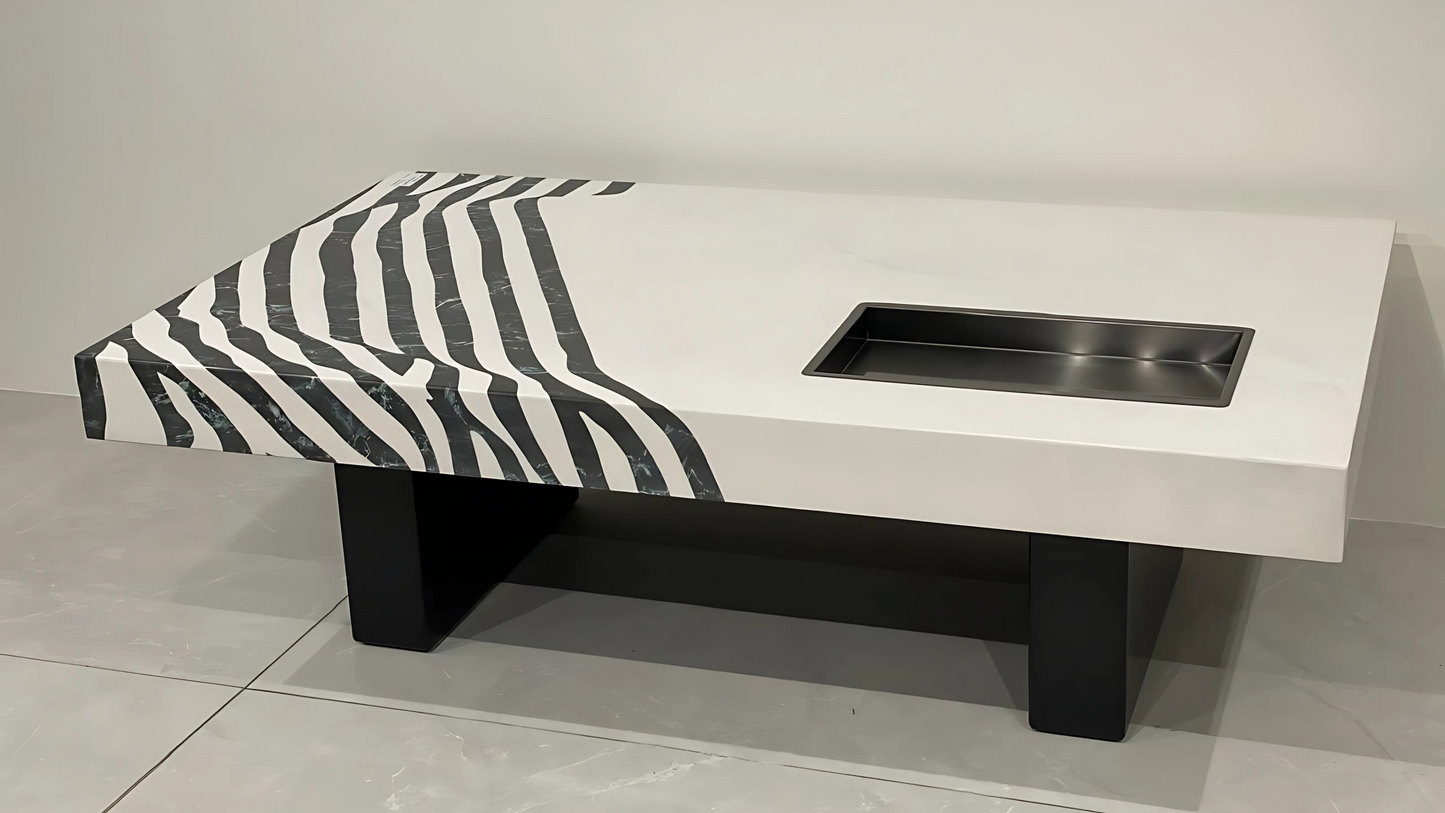 Designer marble-effect center coffee table set with sculptural silhouette for modern living rooms.