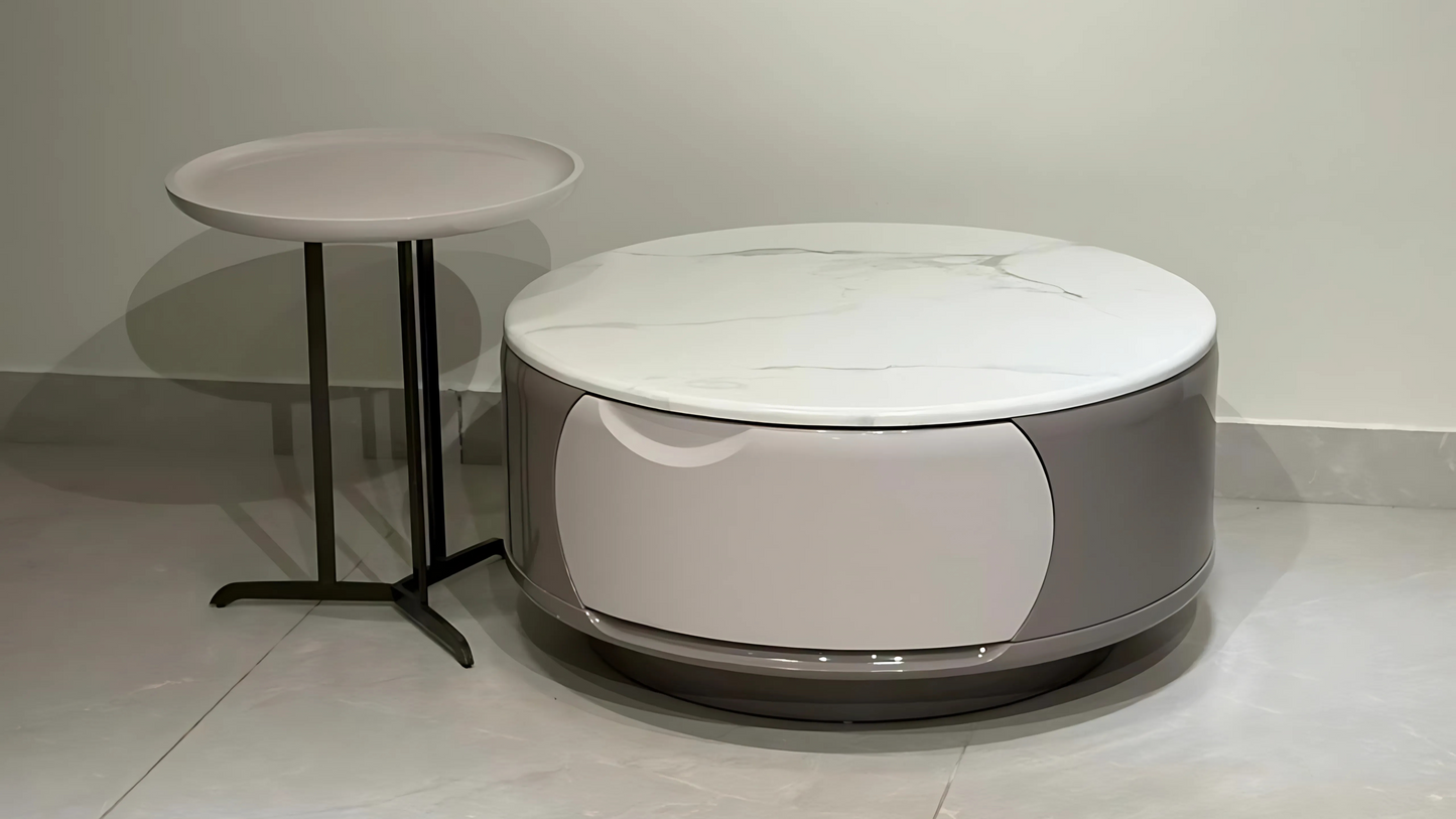 Celestine luxury round marble-effect center table set with sculpted base and matching side